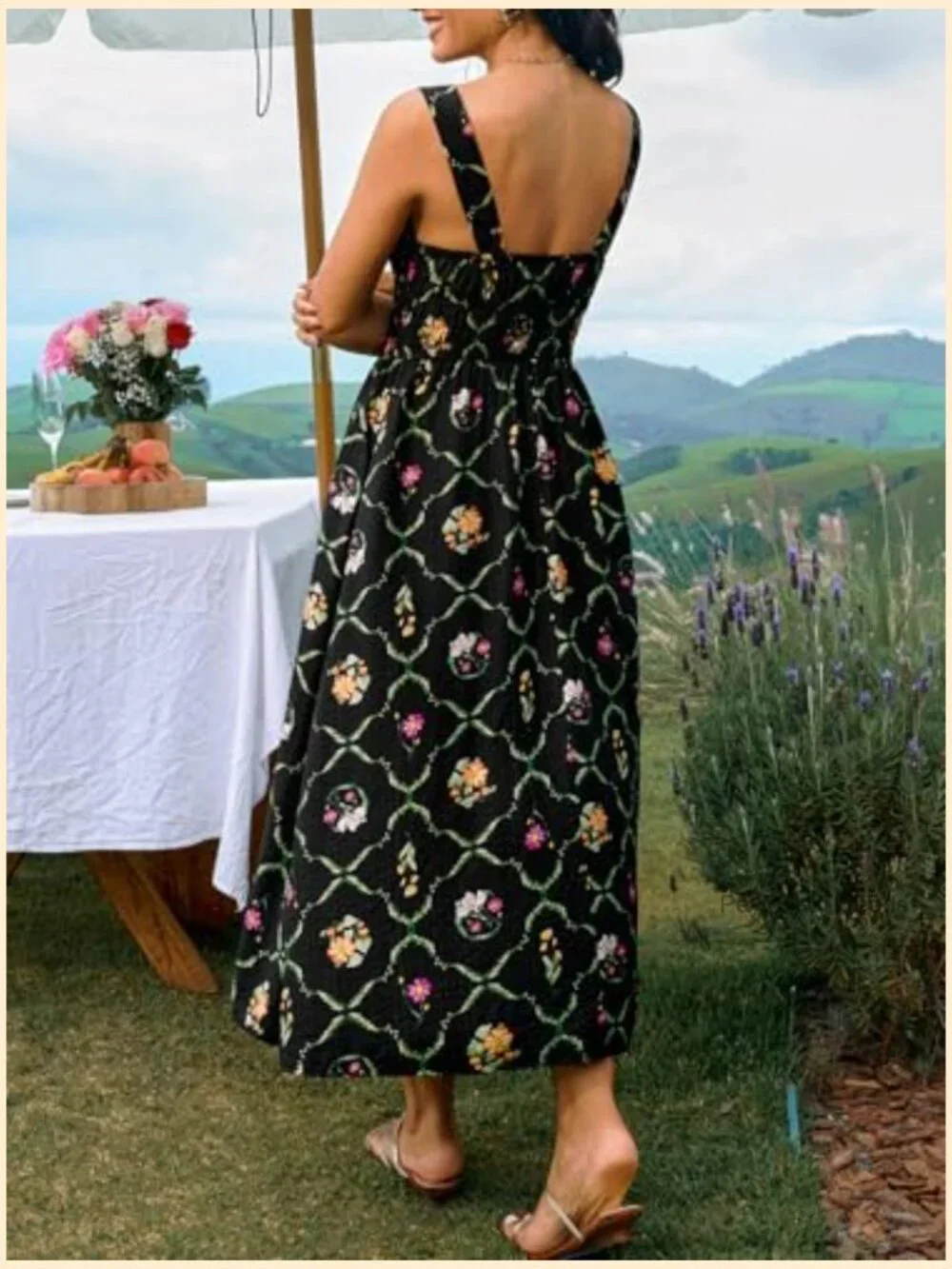 Backless Square Neck Smocked Midi Dress with Pockets - Picture 2 of 7